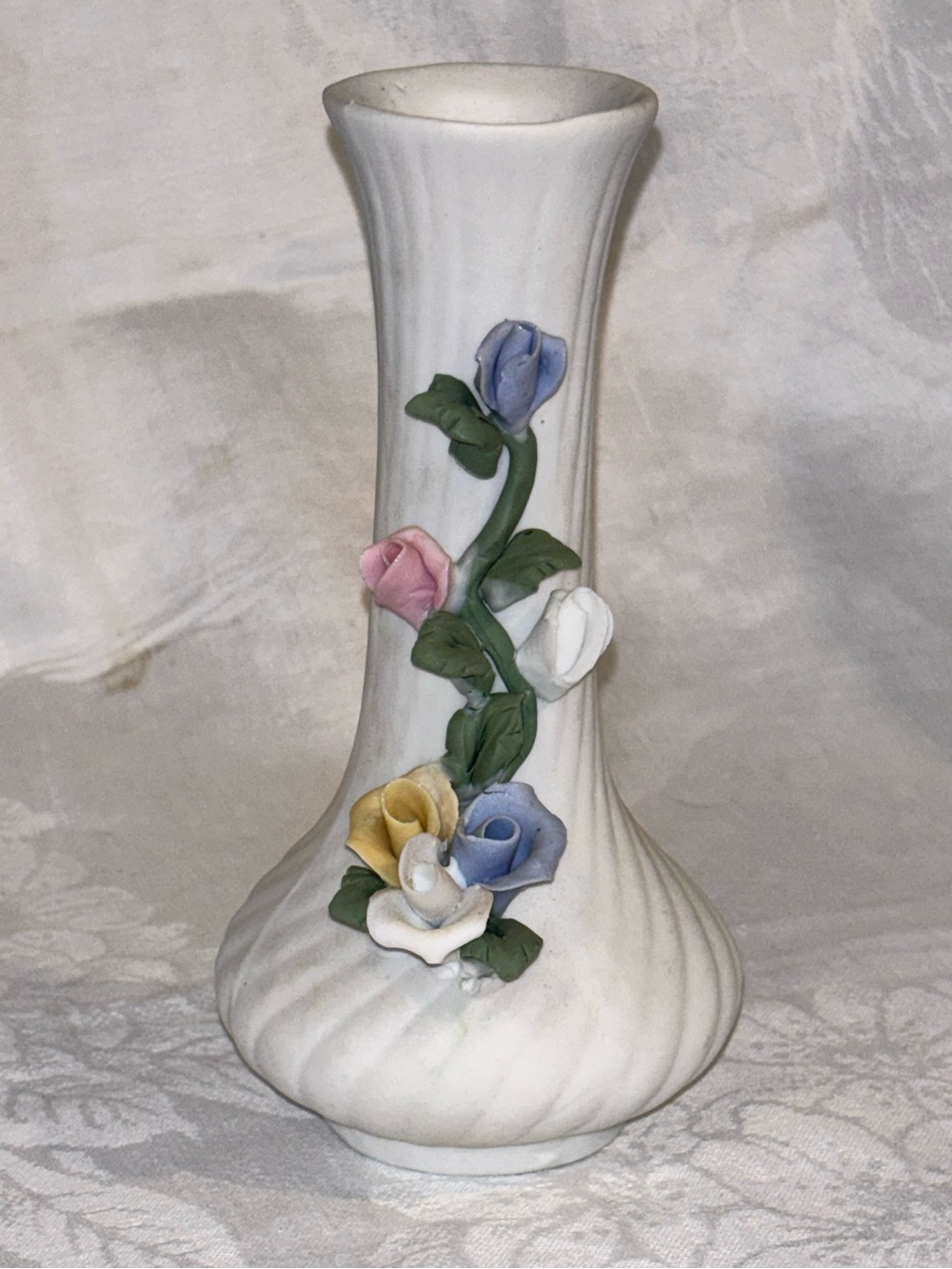 Vintage 1970s Bisque Porcelain Rose Vase Applied Flowers Swirl Ribbed Floral